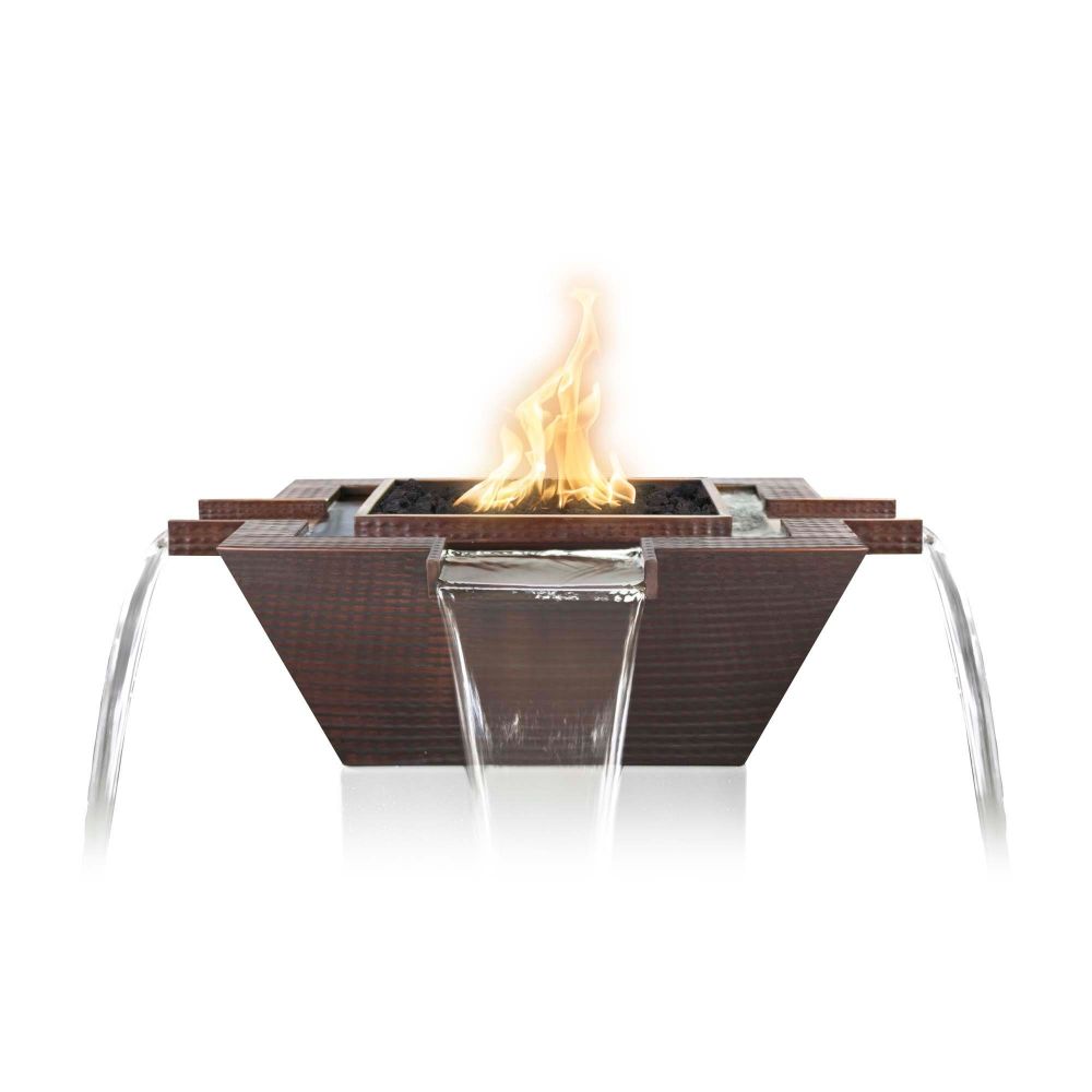The Outdoors Plus OPT-36FW4WE12V-LP 36" Maya Hammered Copper Fire & Water Bowl - 4-Way Spill - 12V Electronic Ignition - Liquid Propane